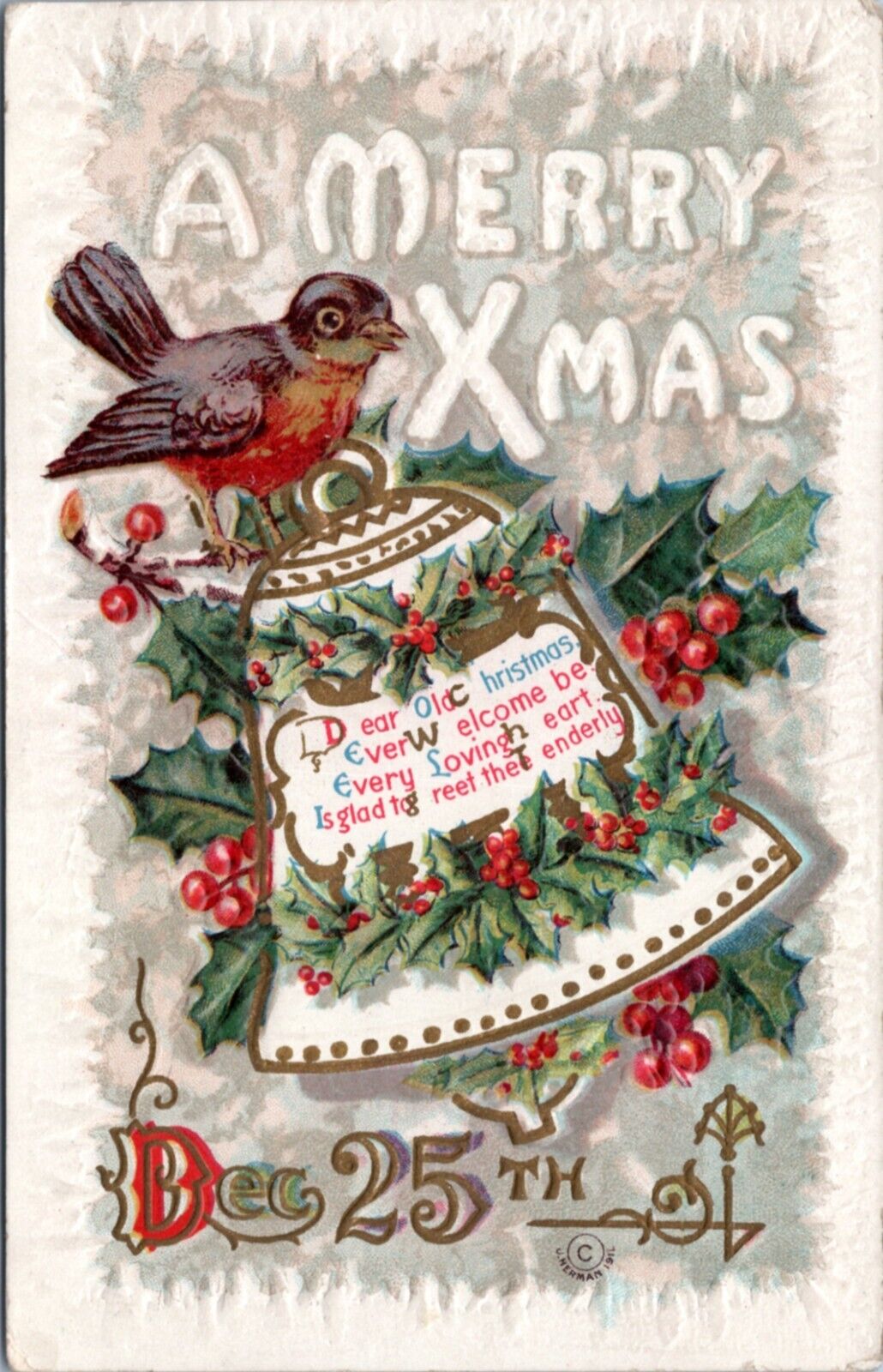 Postcard Dear old Christmas Ever welcome bee - Bird Bell Holly