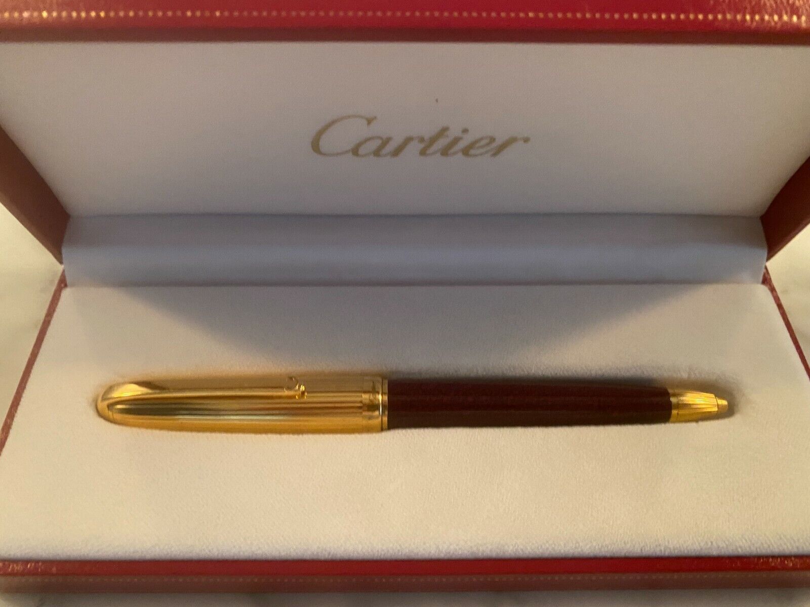 VERY RARE Louis Cartier Red Burgundy Marble Motif Lacquer Gold Ballpoint Pen Box