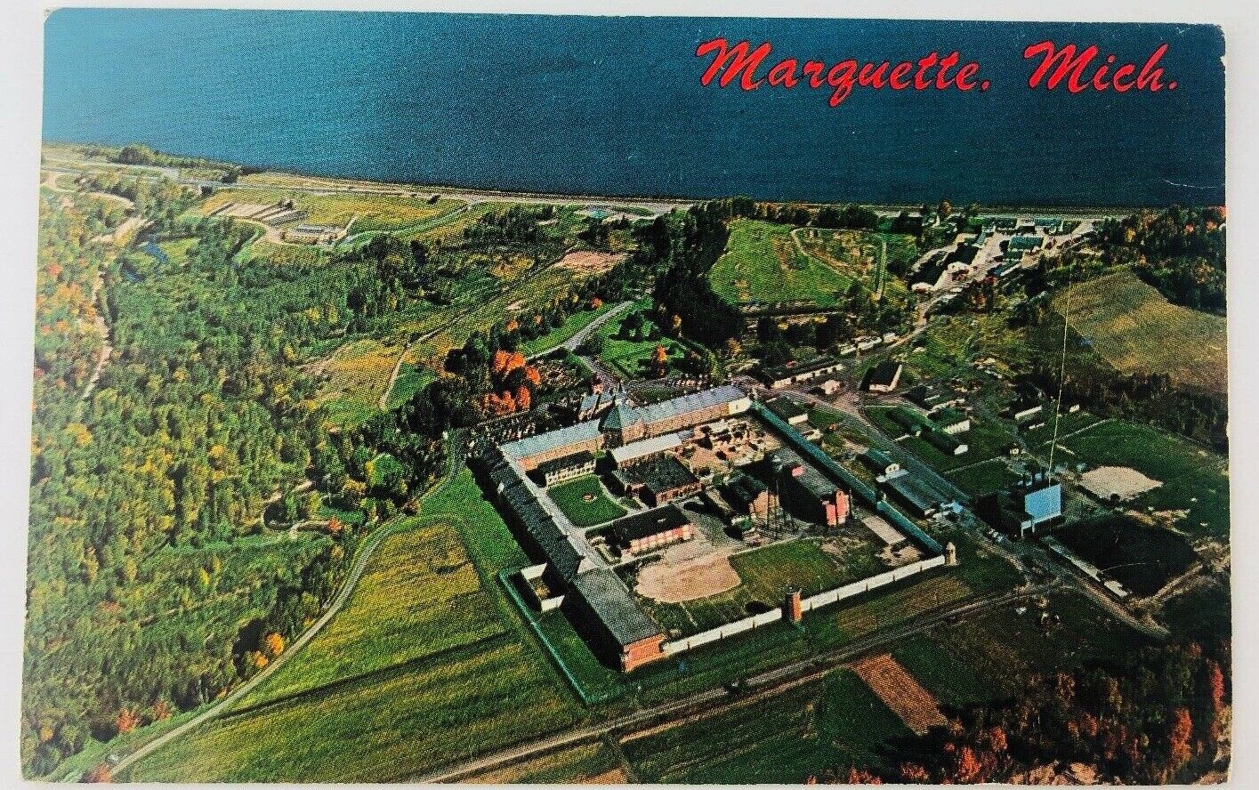 Vintage Marquette Michigan MI Aerial View Marquette Branch Prison Postcard 1964