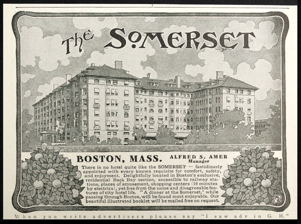 1906 THE SOMERSET HOTEL Boston, Mass. Historic Antique Building Vtg PRINT AD