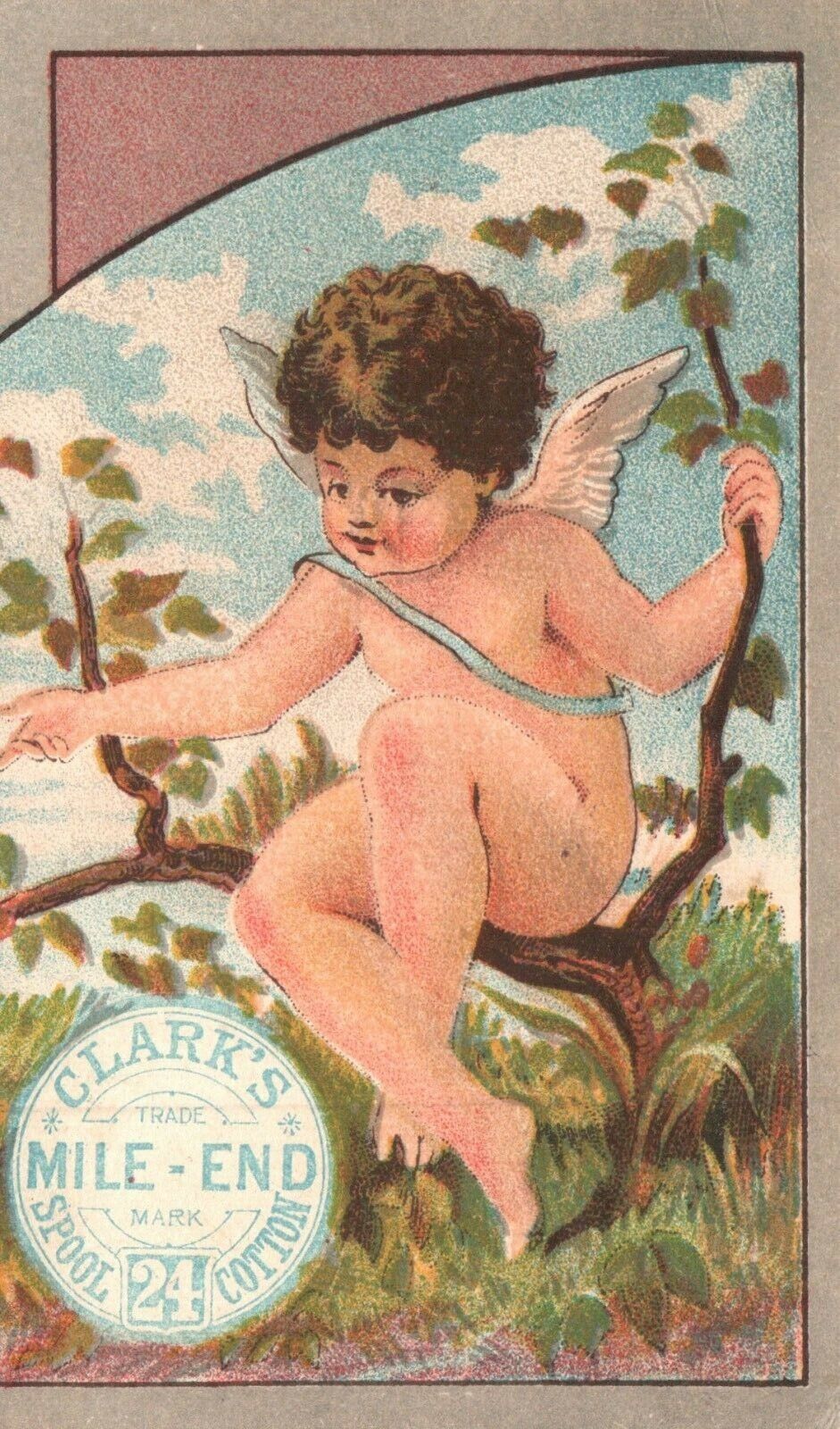 1880s-90s Clark\'s Mile-End Spool Cotton Calendar Boy Angel on a Limb
