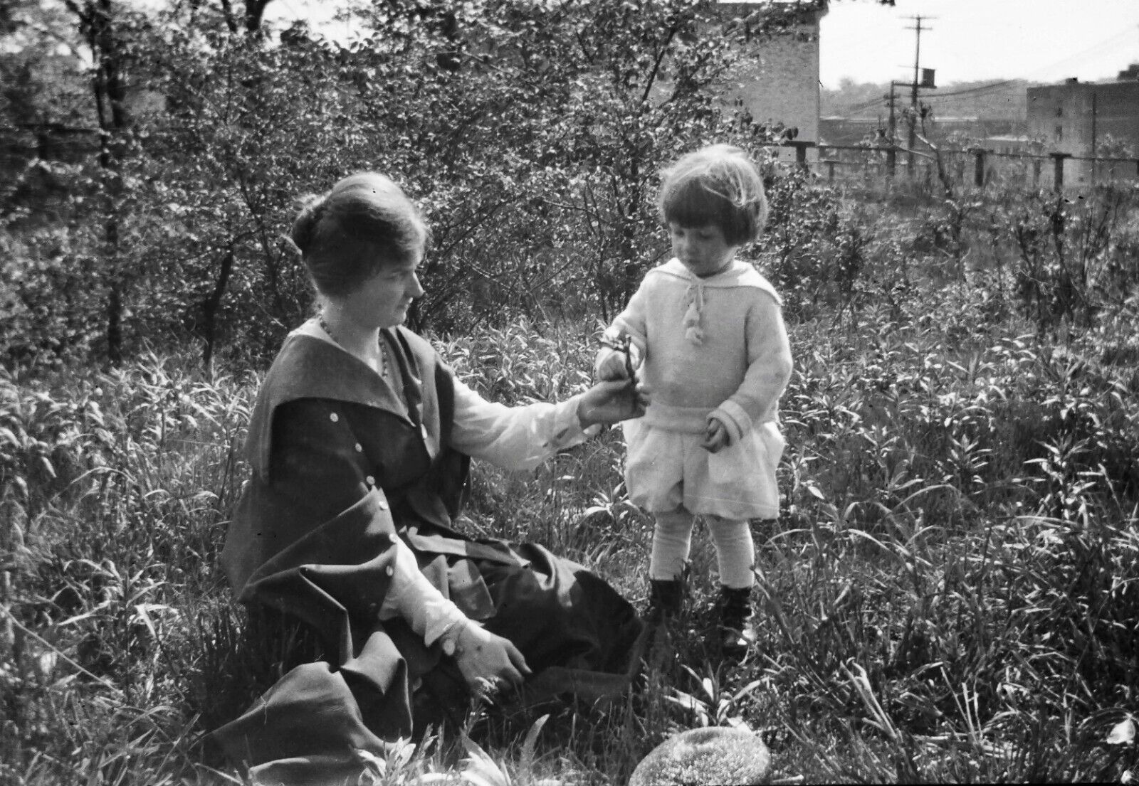 Vintage 1910s Photo Negative of Idyllic Scene Mother & Child Sit in Tall Grass
