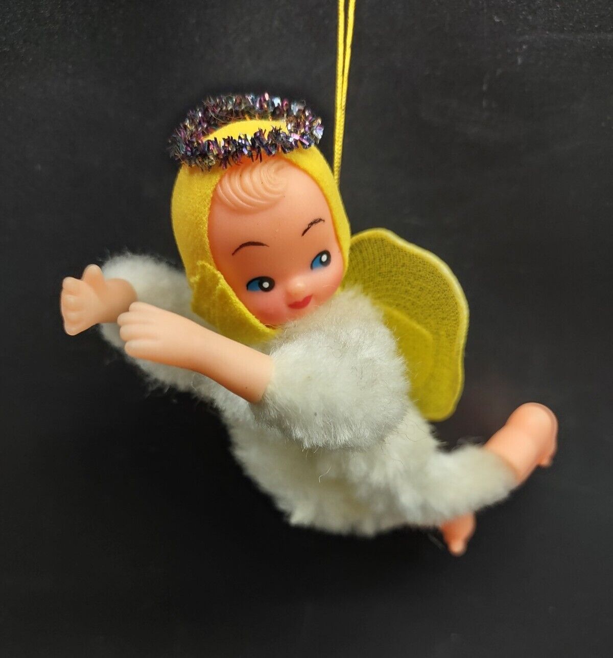 Vintage Flying Angel Baby Christmas Ornament- Chenille Body Plastic Face CUTE