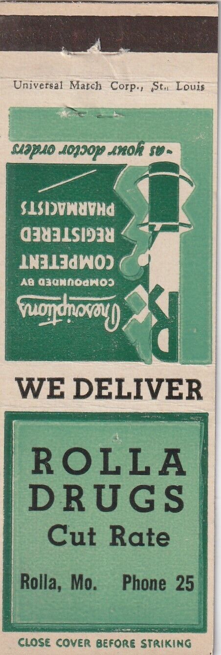 VINTAGE MATCHBOOK COVER. ROLLA DRUGS. ROLLA, MO.
