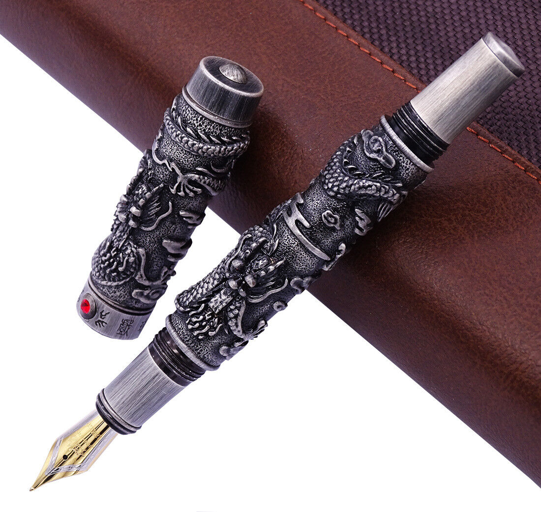 Jinhao Vintage Gray Fountain Pen Double Dragon Playing Pearl, 3D Embossed Pen