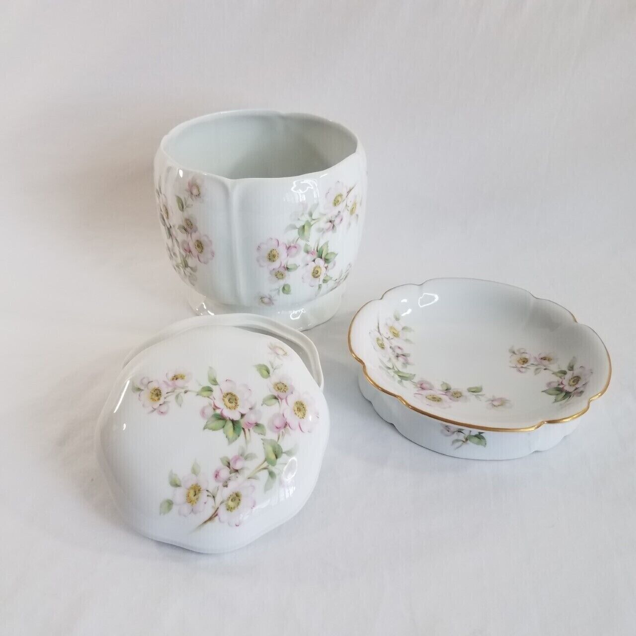 3 PC EME Spain Vintage Porcelain Vase Trinket Dishes White Pink Flowers Vanity