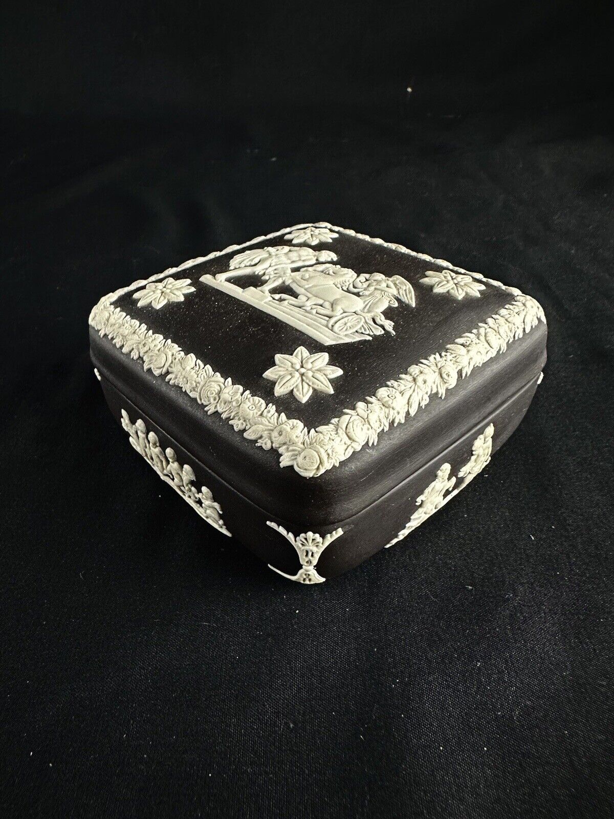 Vintage Black Wedgwood Jasperware Square Trinket Box 4” x 4” x 2”