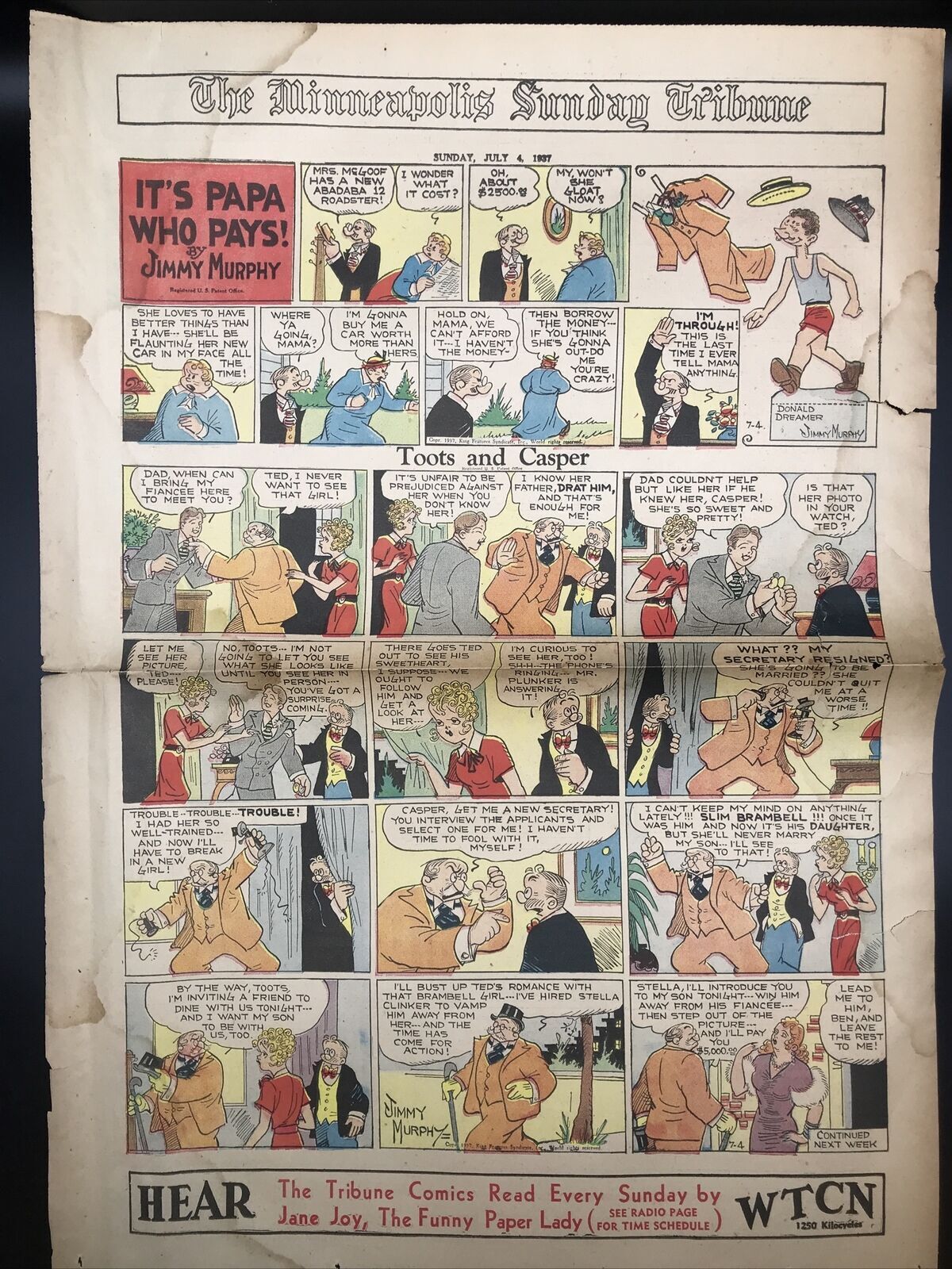1937 July 4 MINNEAPOLIS TRIBUNE COLOR SUNDAY COMICS SECTION Ming Foo It's Papa
