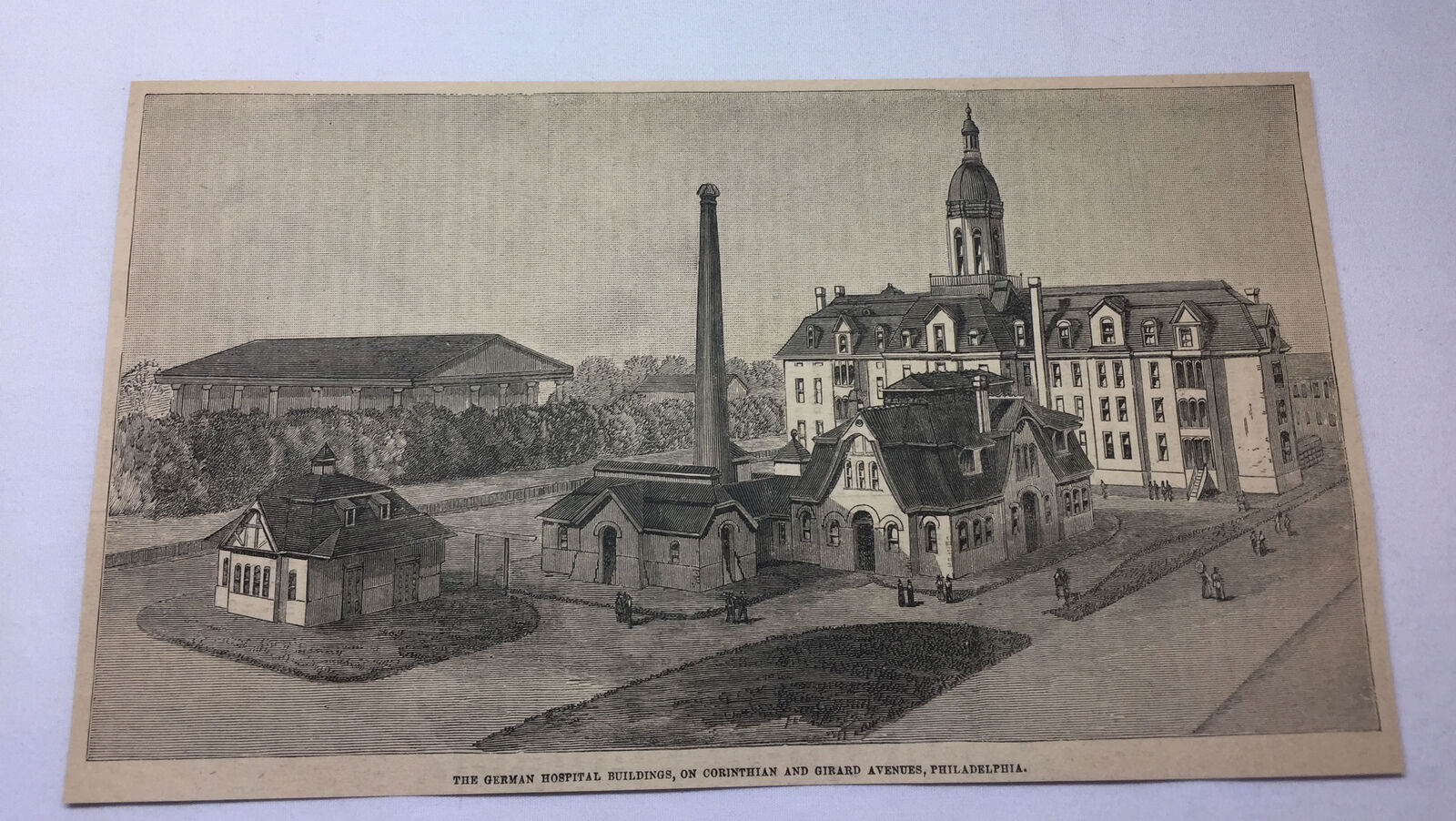 1885 magazine engraving ~ GERMAN HOSPITAL BUILDINGS Philadelphia, PA