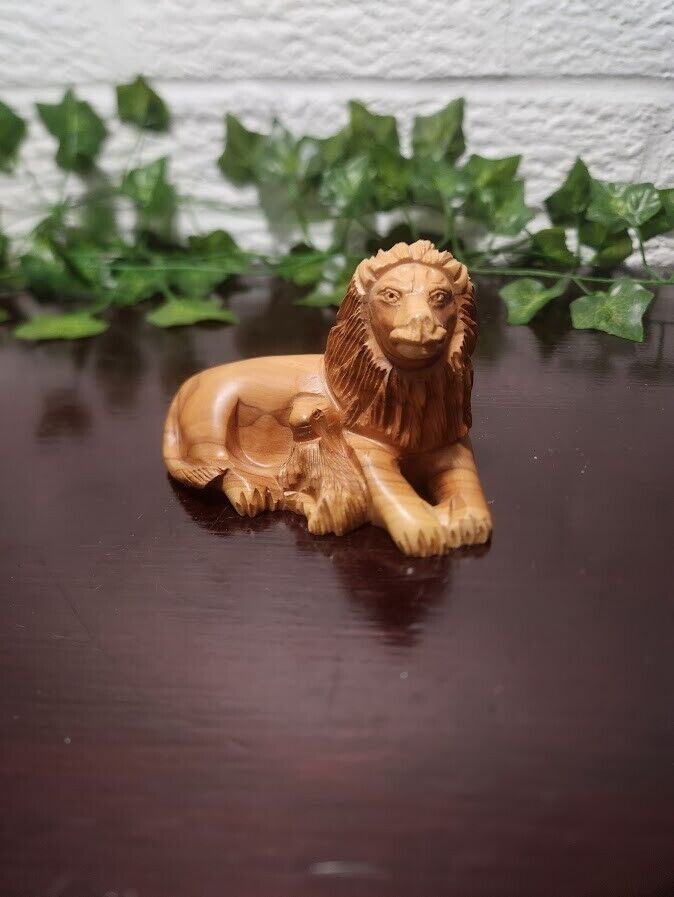 Lion and Cub Handcaved Wooden Sculpture
