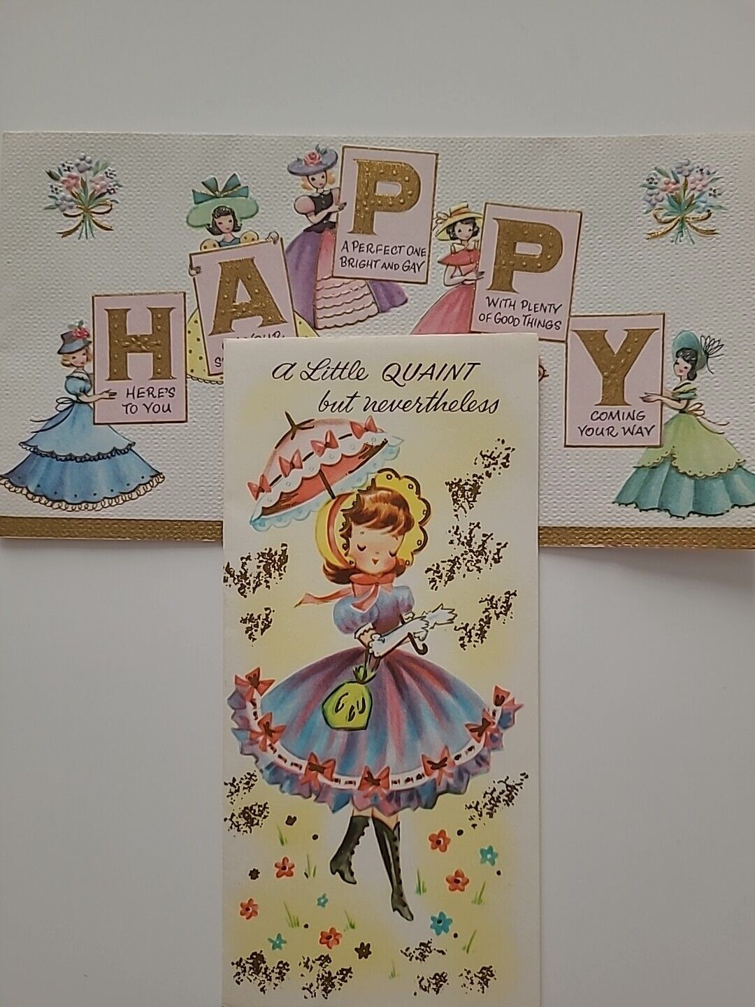 2 UNUSED Vtg QUAINT Fancy GIRL & HAPPY SOUTHERN BELLE Ladies BIRTHDAY CARDS