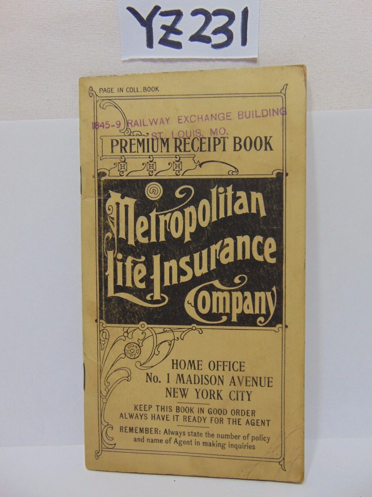 VINTAGE 1917 METROPOLITAN LIFE INSURANCE COMPANY RECEIPT BOOK RARE ADVERTISING 