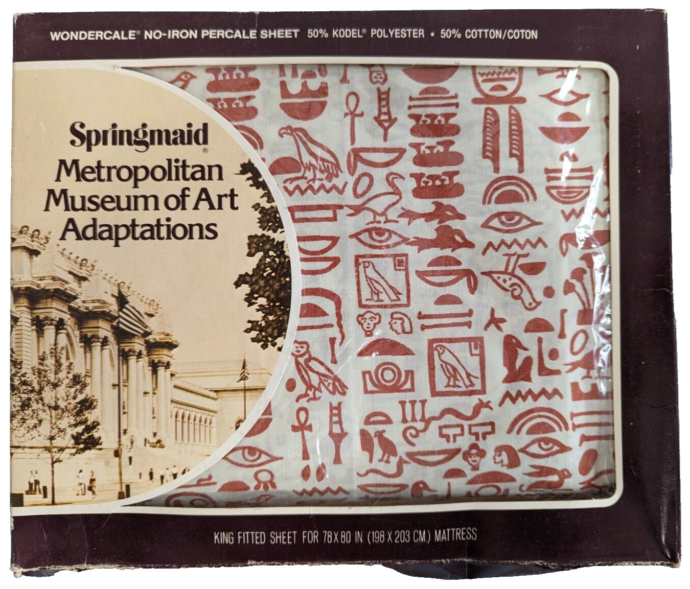 Vintage 1970s Springmaid Met Museum Art Egyptian Design King Fitted Sheet NIB