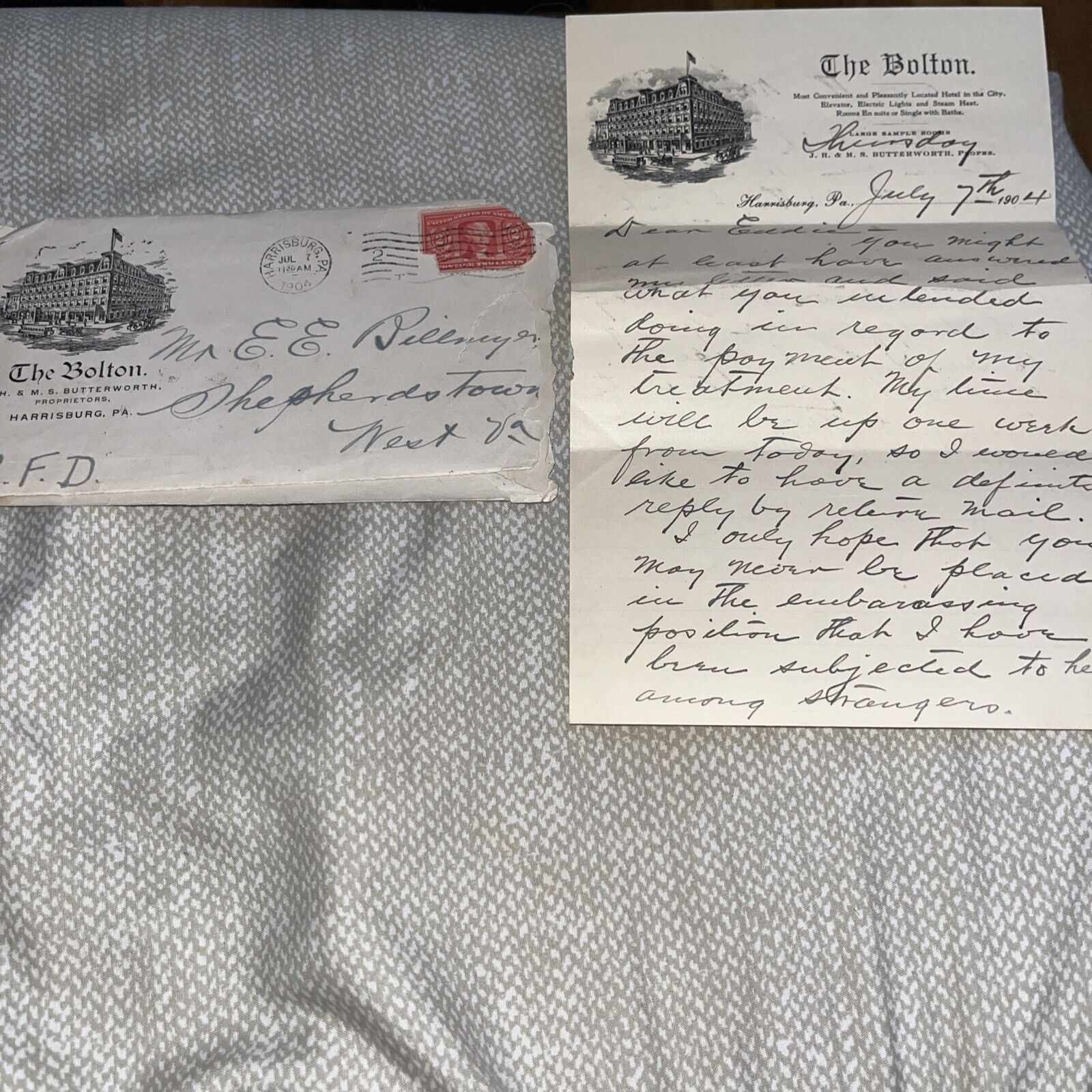 Antique 1904 Letter The Bolton Hotel Letterhead Harrisburg PA Pennsylvania