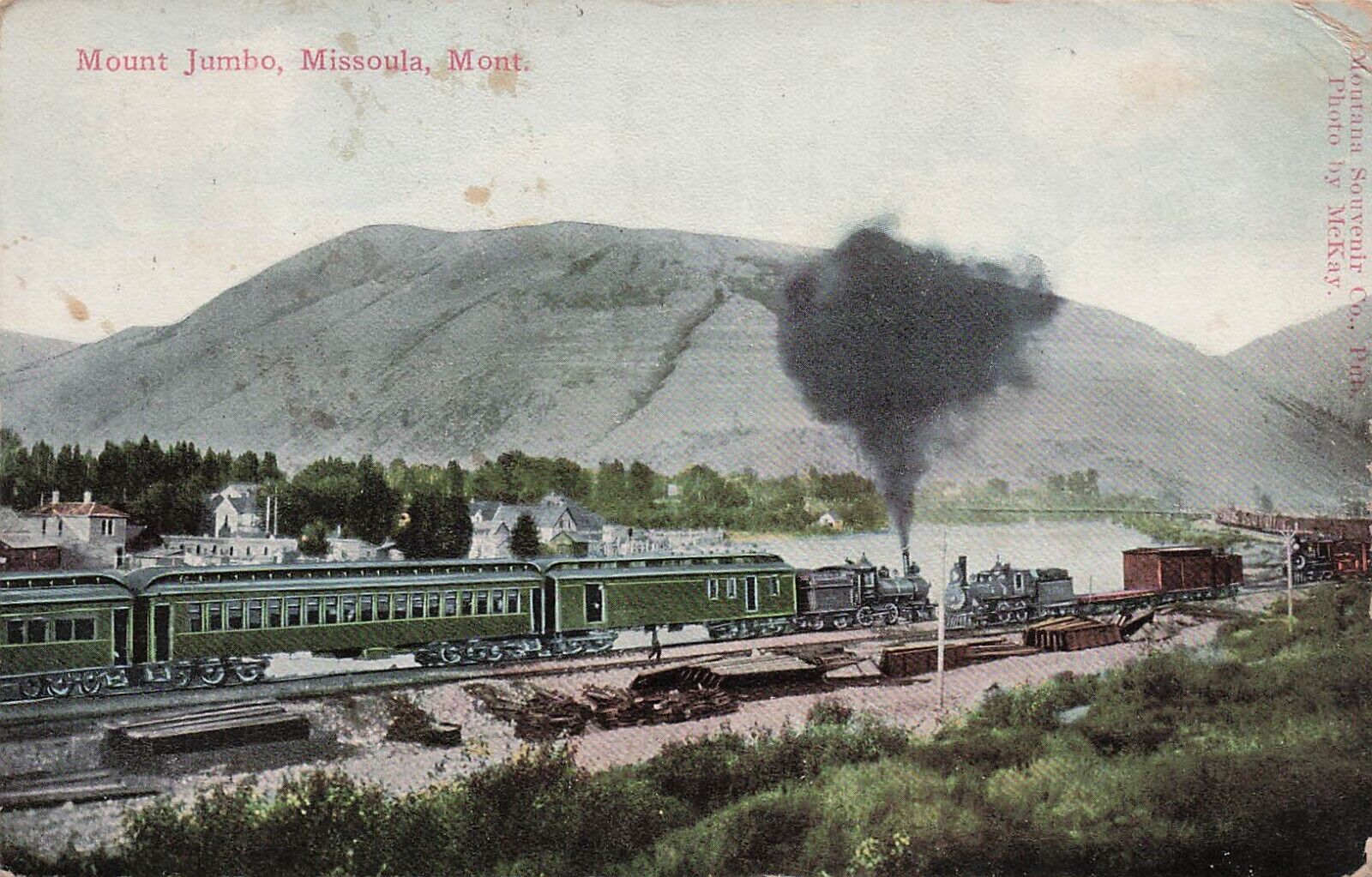 Mount Jumbo Missoula MT Montana Train Railroad Depot Station Vtg Postcard E43