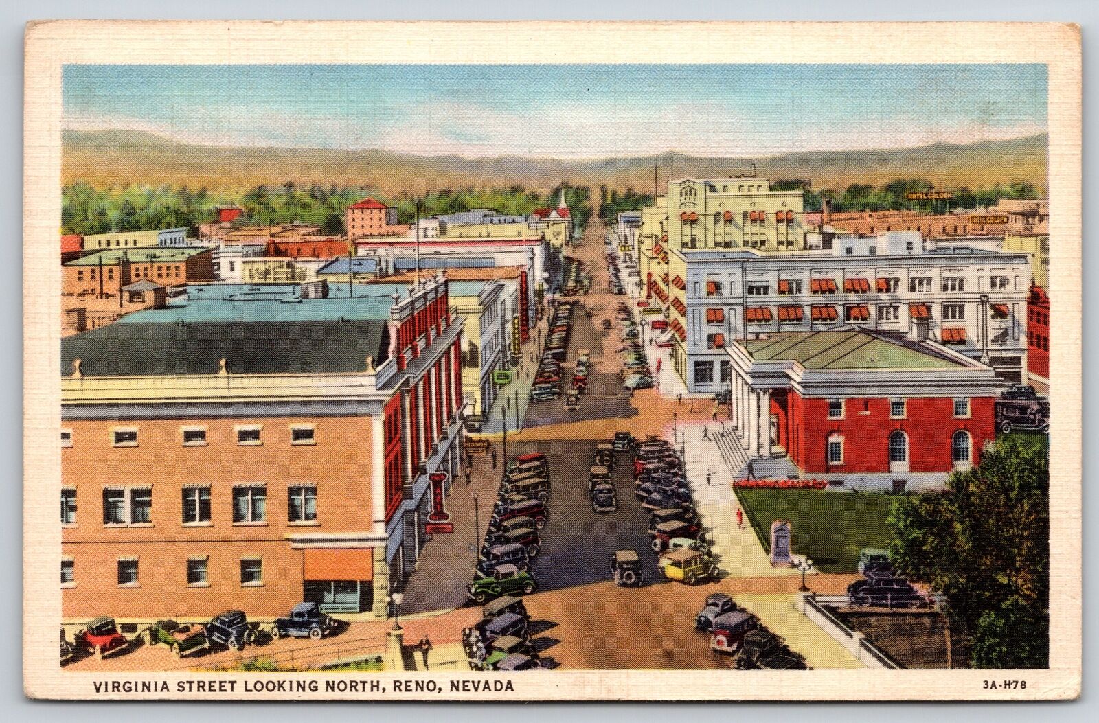 Reno Nevada~Birds-Eye Virginia Street Looking North~Vintage Autos~1936 Linen PC