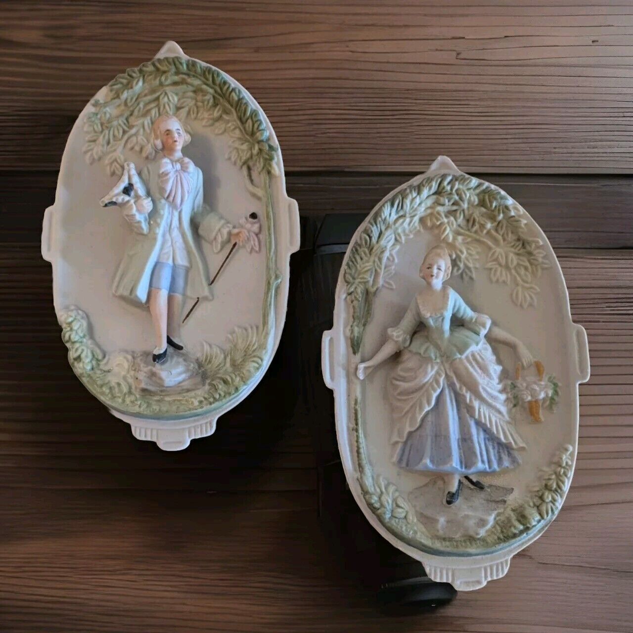 VTG 2 Hand Painted Porcelain Bisque Plaques - By Chase- Made in Occupied Japan