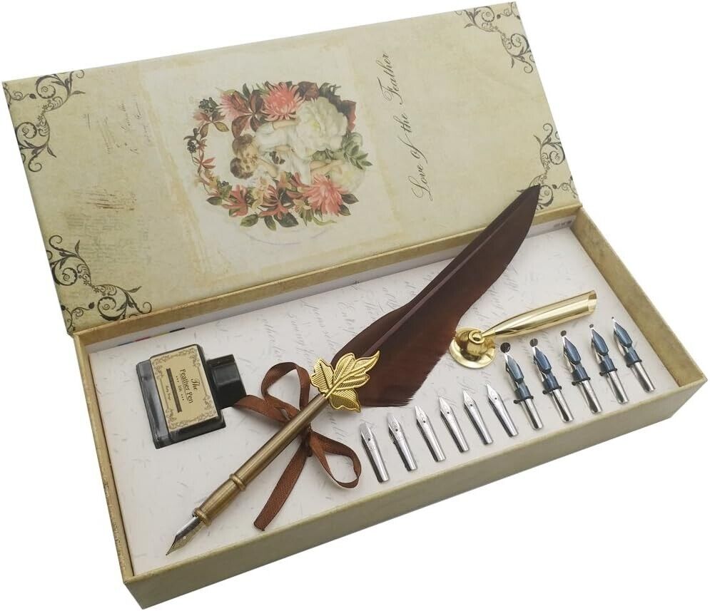 CALLIGRAPHY Feather Quill Pen Set With 12 Nibs Vintage US Stock Xmas Gift