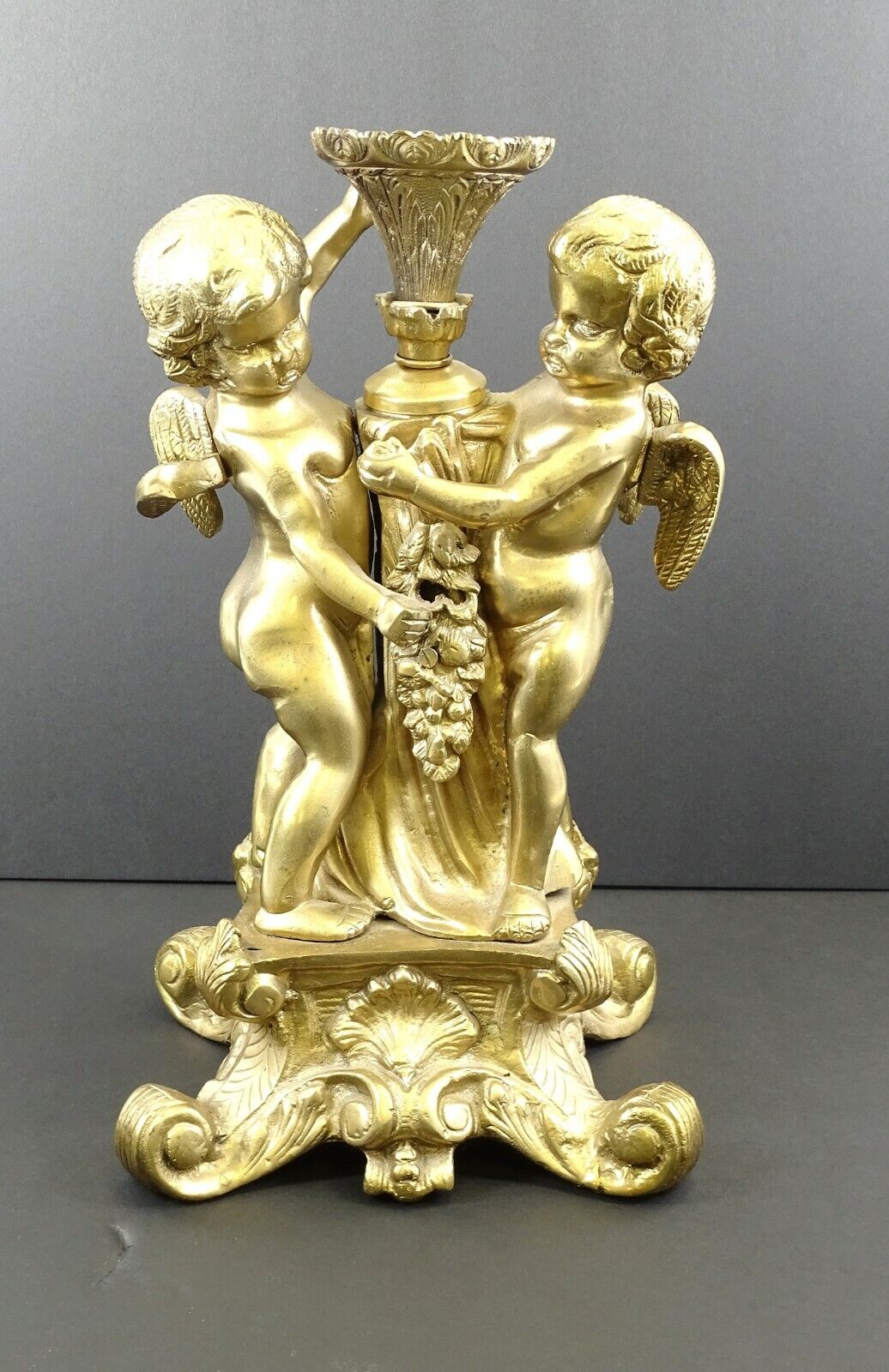 Rare Antique Brass Two Cherubs Statue Lamp Base 40.5 lbs