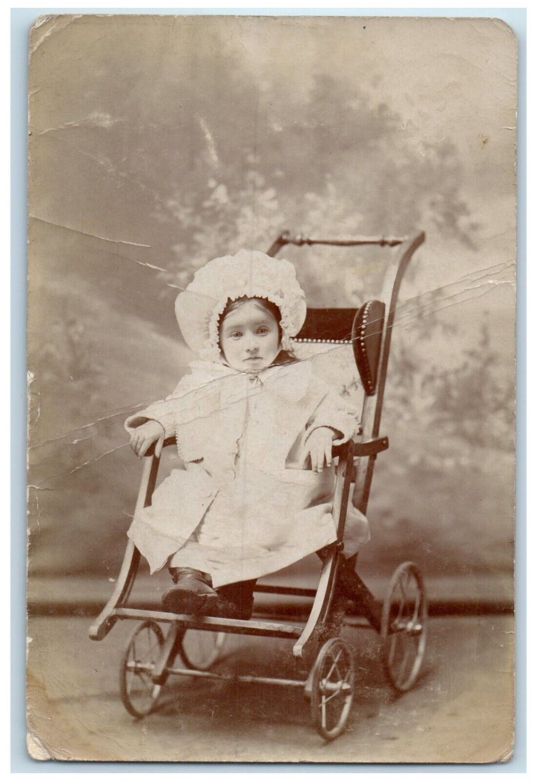 c1910\'s Cute Little Girl Dress White Bonnet Stroller Studio RPPC Photo Postcard