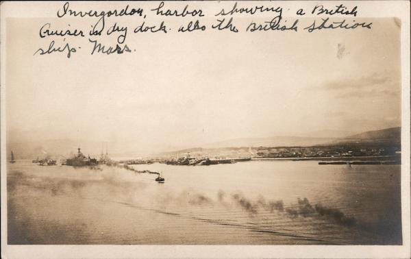 WWI Scotland RPPC Invergordon Harbor,Showing British Cruiser,Dry Dock Postcard