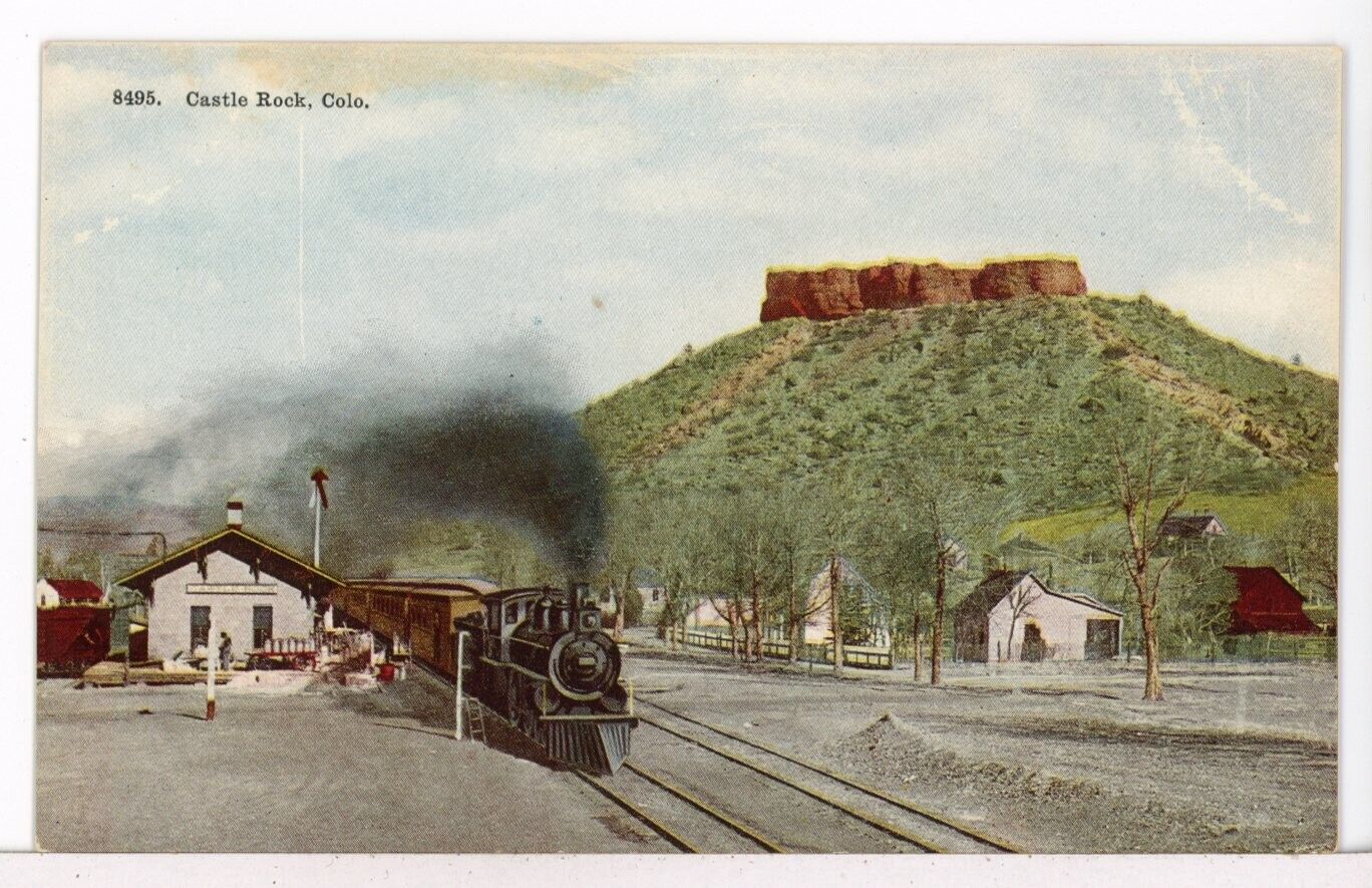 Passenger Train at the Depot, Castle Rock CO 1907-1915 D&RG Railroads Postcard