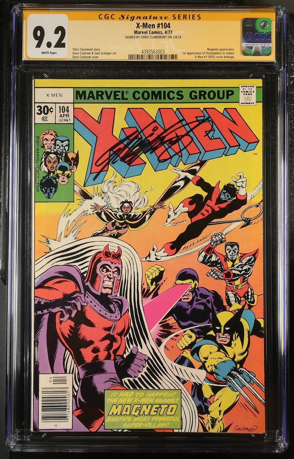 X-Men #104 CGC 9.2 WP Signed by Chris Claremont Marvel 1977