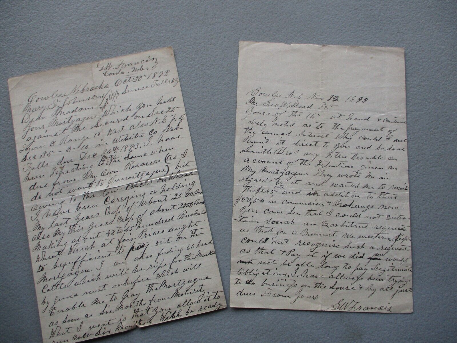 1893 (2) Cowles Nebraska G.W. Francis Signed handwritten letters