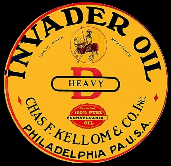 RARE INVADER OIL EARLY PAPER LABEL BARREL SIGN 10” FROM PHILADELPHIA PA. U.S.A.