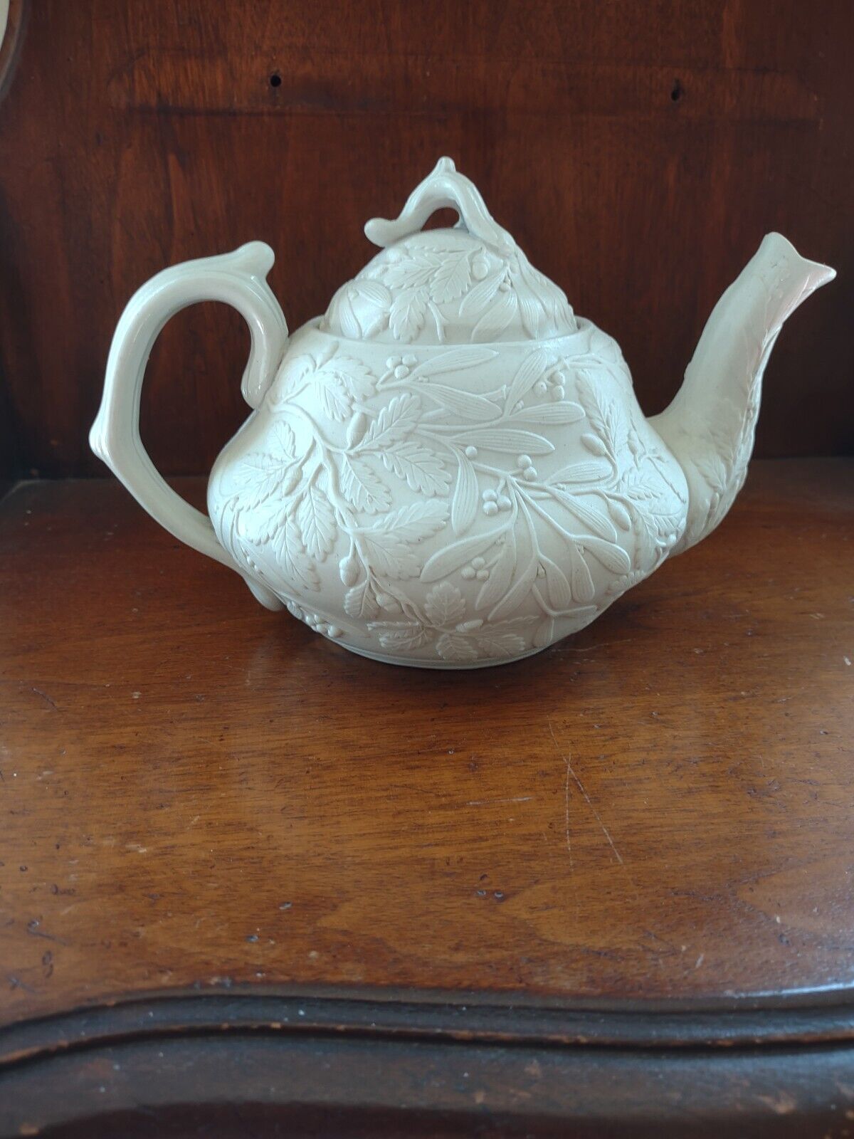 Victorian 'Drabware' Tea Pot with Embossed Acorns and Oak Leaves 19th C EUC