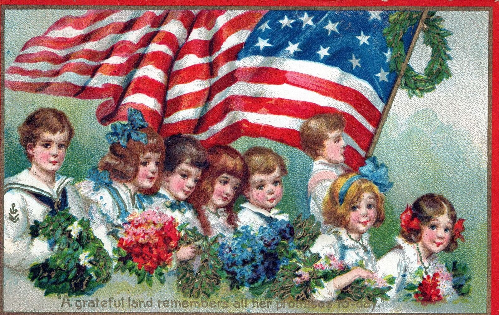 DECORATION DAY - Eight Children And Flag Frances Brundage Patriotic Postcard