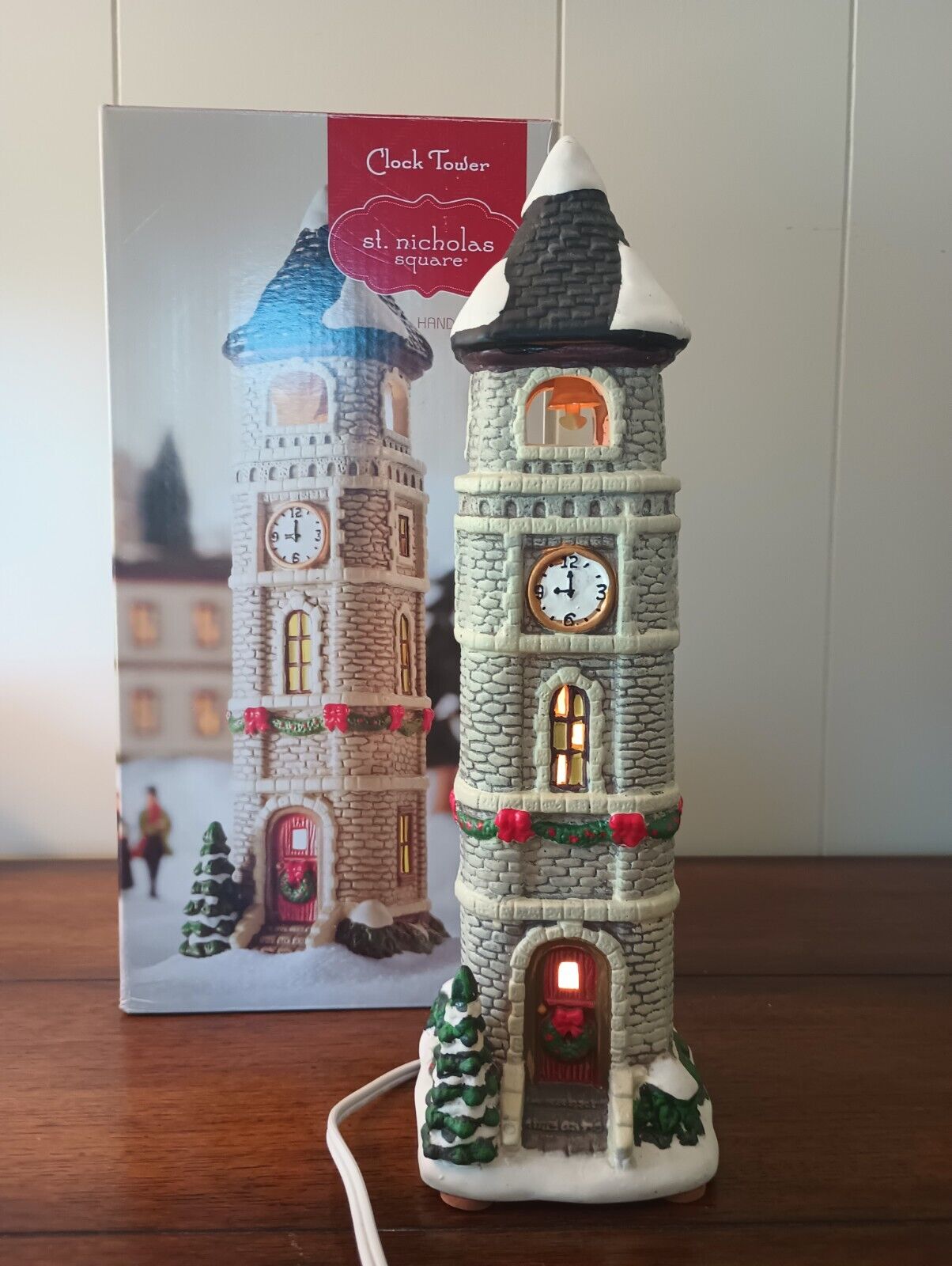 St Nicholas Square Vintage Clock Tower Illuminated Christmas Village Collection