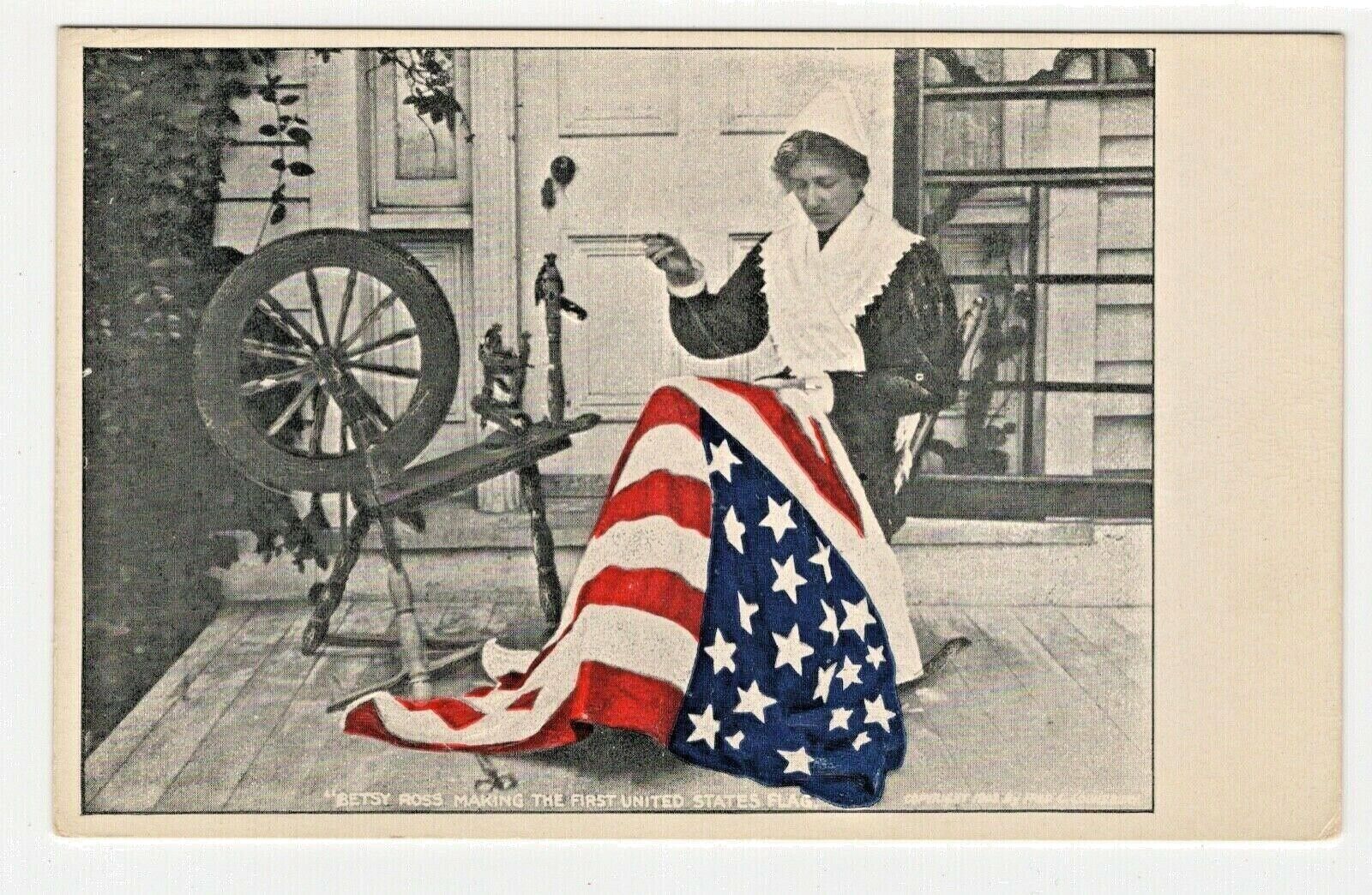 Patriotic Vintage Postcard Betsy Ross Making Flag Spinning Wheel Fred Lounsbury