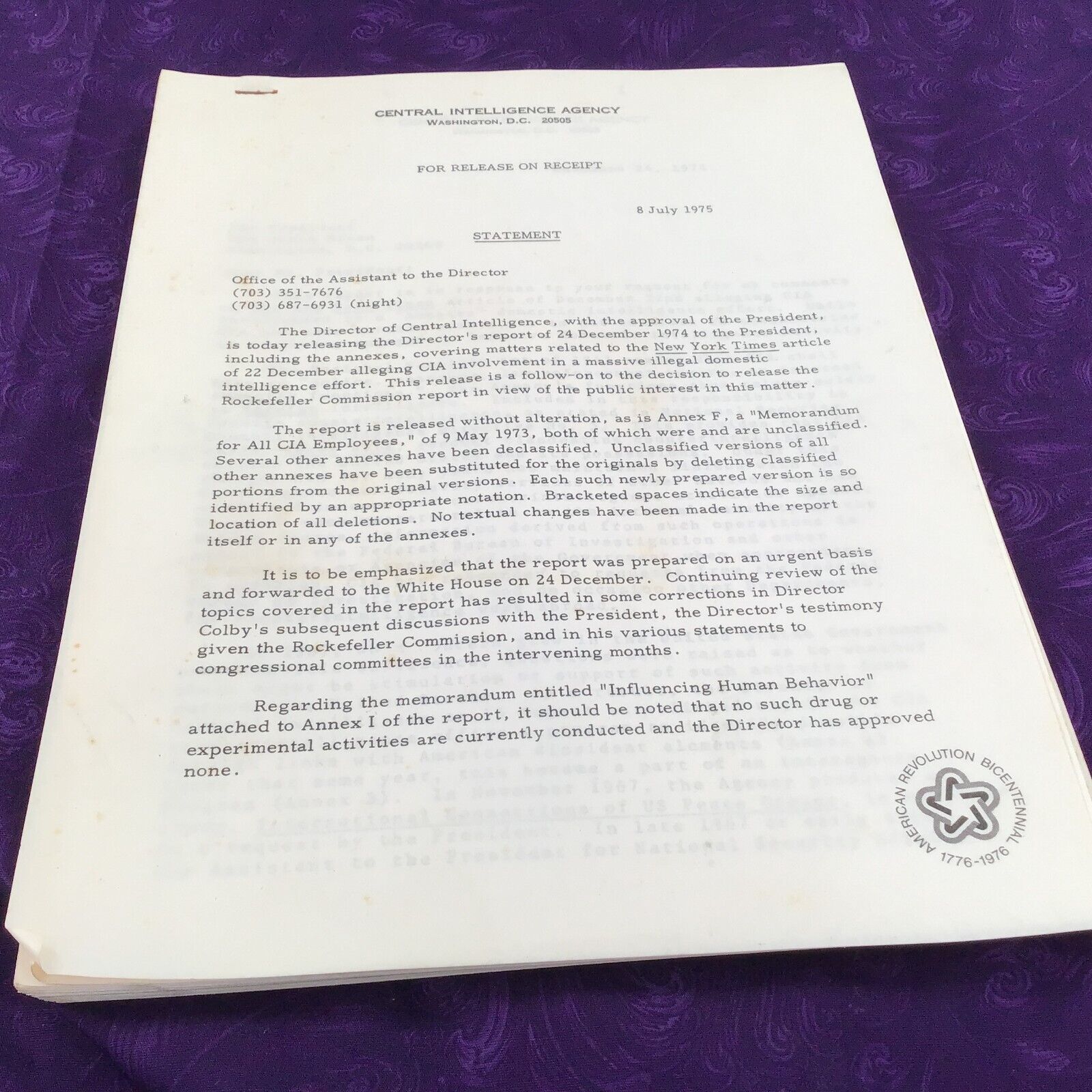 50+ Page Statement from CIA /President Ford July 8, 1975 concerning domestic spy
