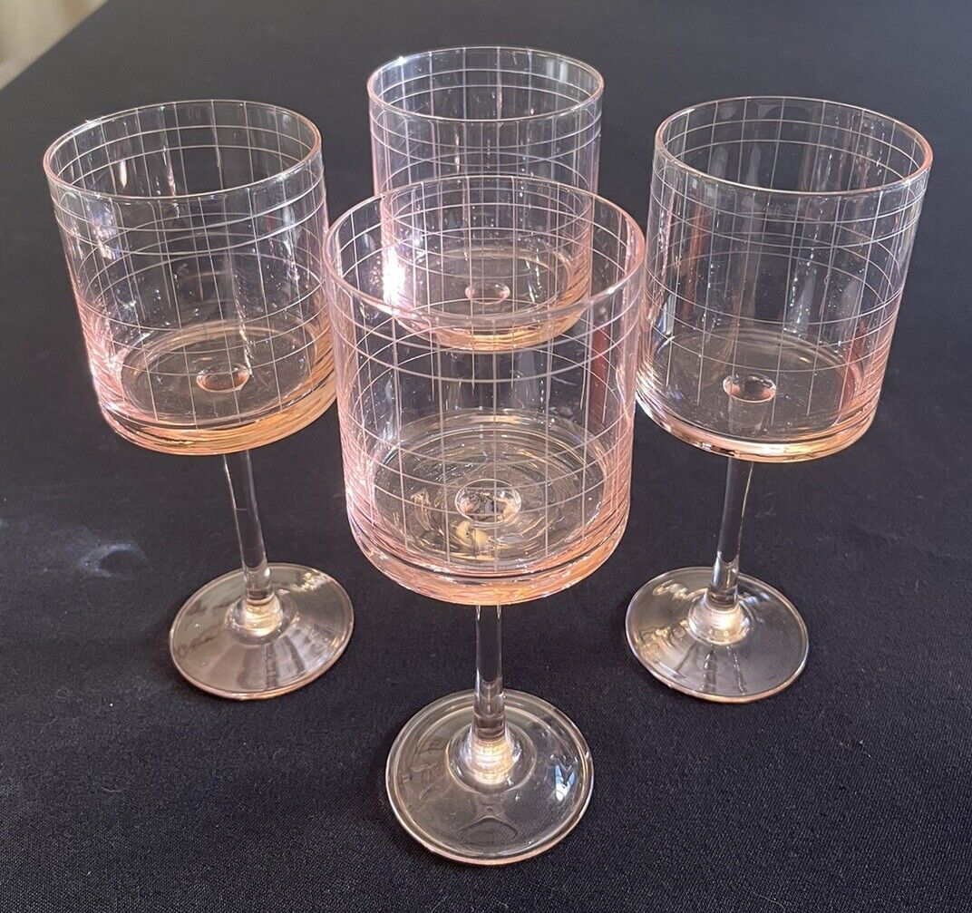 Studio Nova Park Avenue Grid Pink Goblet / Wine Glass 8” Set 4 MCM Flat Bottom