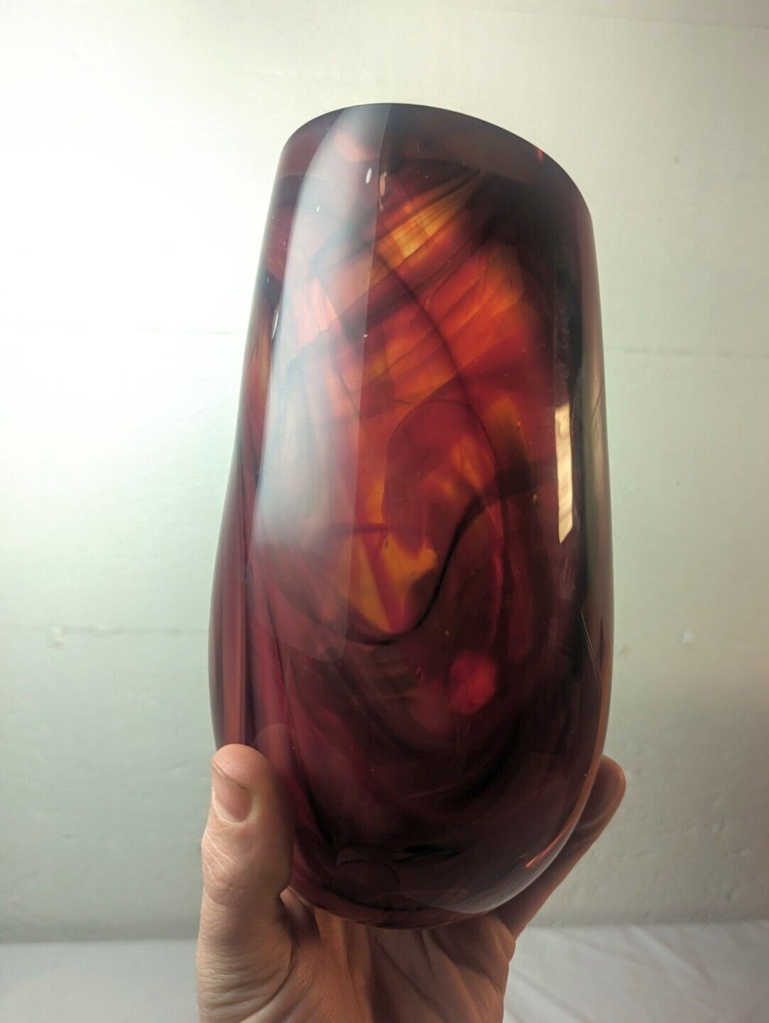 Hand Blown Art Glass Dark Swirl / Drapery Vase  W/ Red Rim 8\