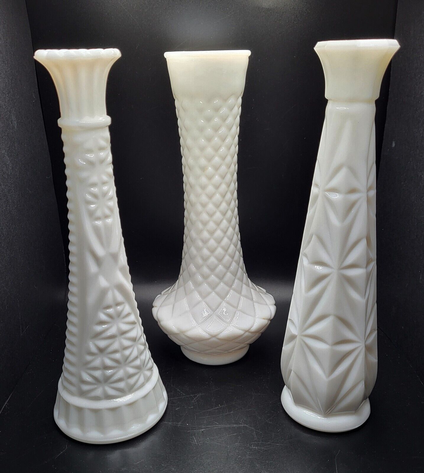 Lot of 3 Vtg Milk Glass Vases 9\