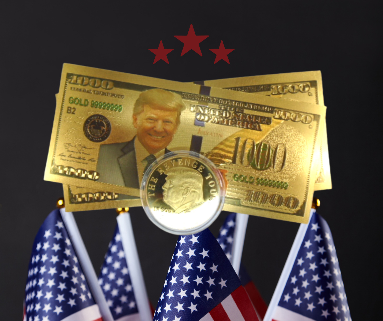 President Trump 2024 Gold Coin & Two $1000 Dollar Gold Foil Banknotes US 
