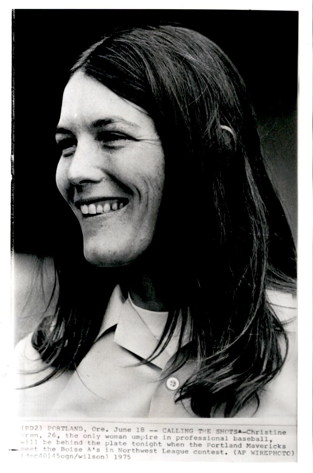 LG54 1975 AP Wire Photo CHRISTINE WREN CALLING THE SHOTS ONLY WOMAN UMP BASEBALL