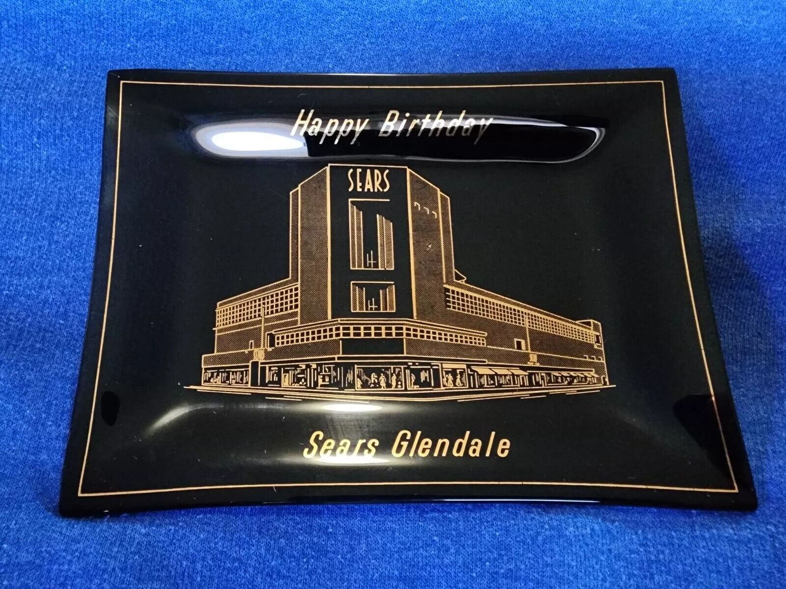Vintage Mid-Century SEARS Glendale Happy Birthday Black/Gold Glass Ash Tray