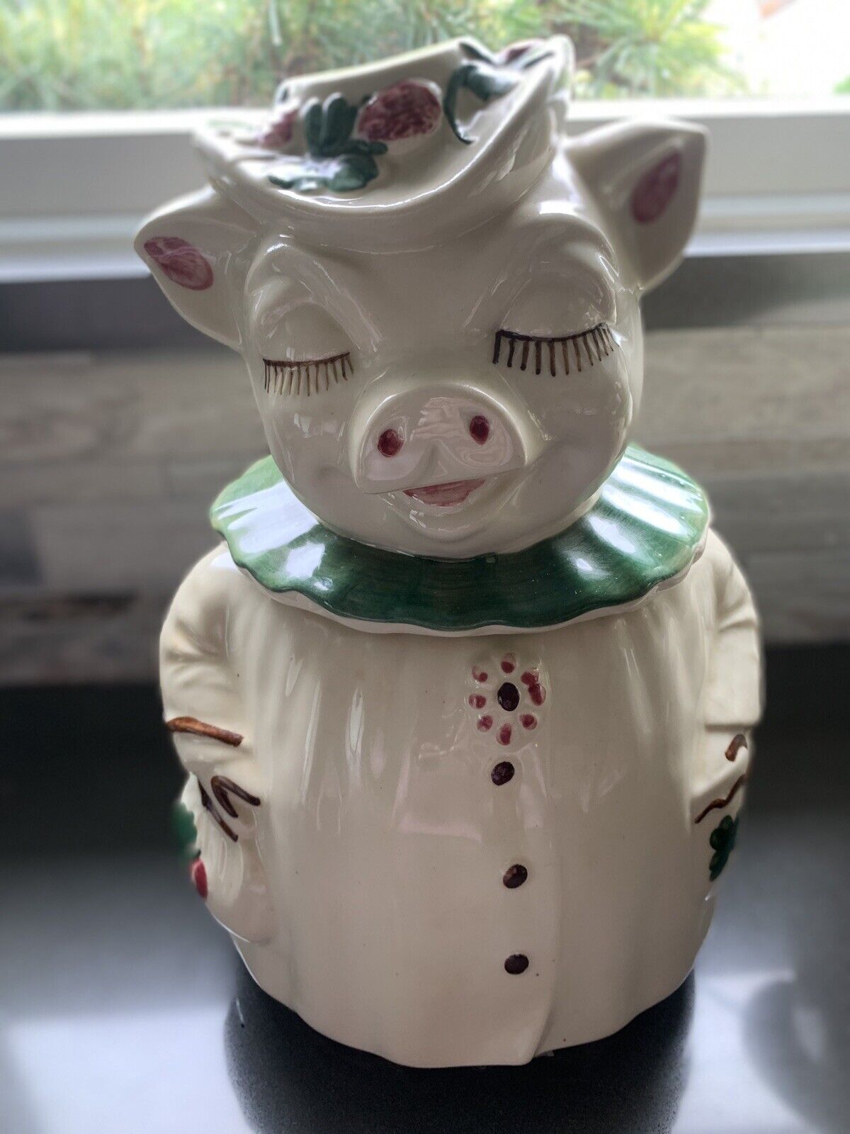 Vintage Shawnee Winnie Pig Cookie Jar- Rare Clover Blossom - Green Collar