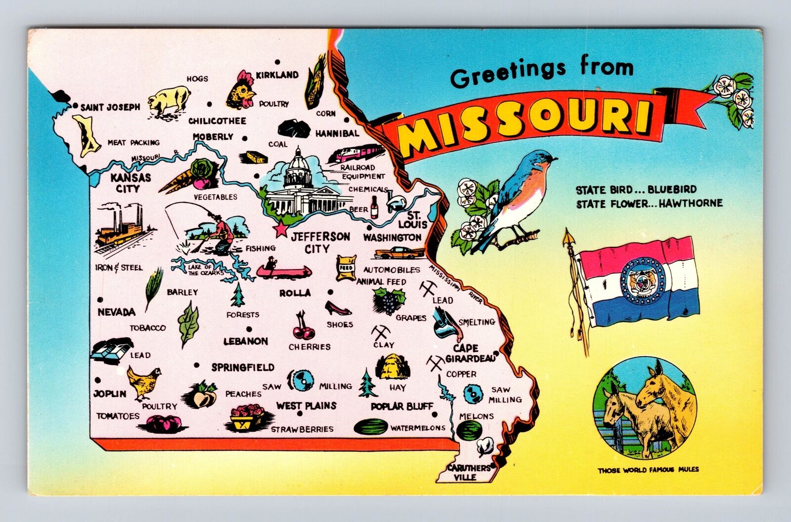 MO-Missouri, General Greetings Map Landmarks, Antique, Vintage Souvenir Postcard