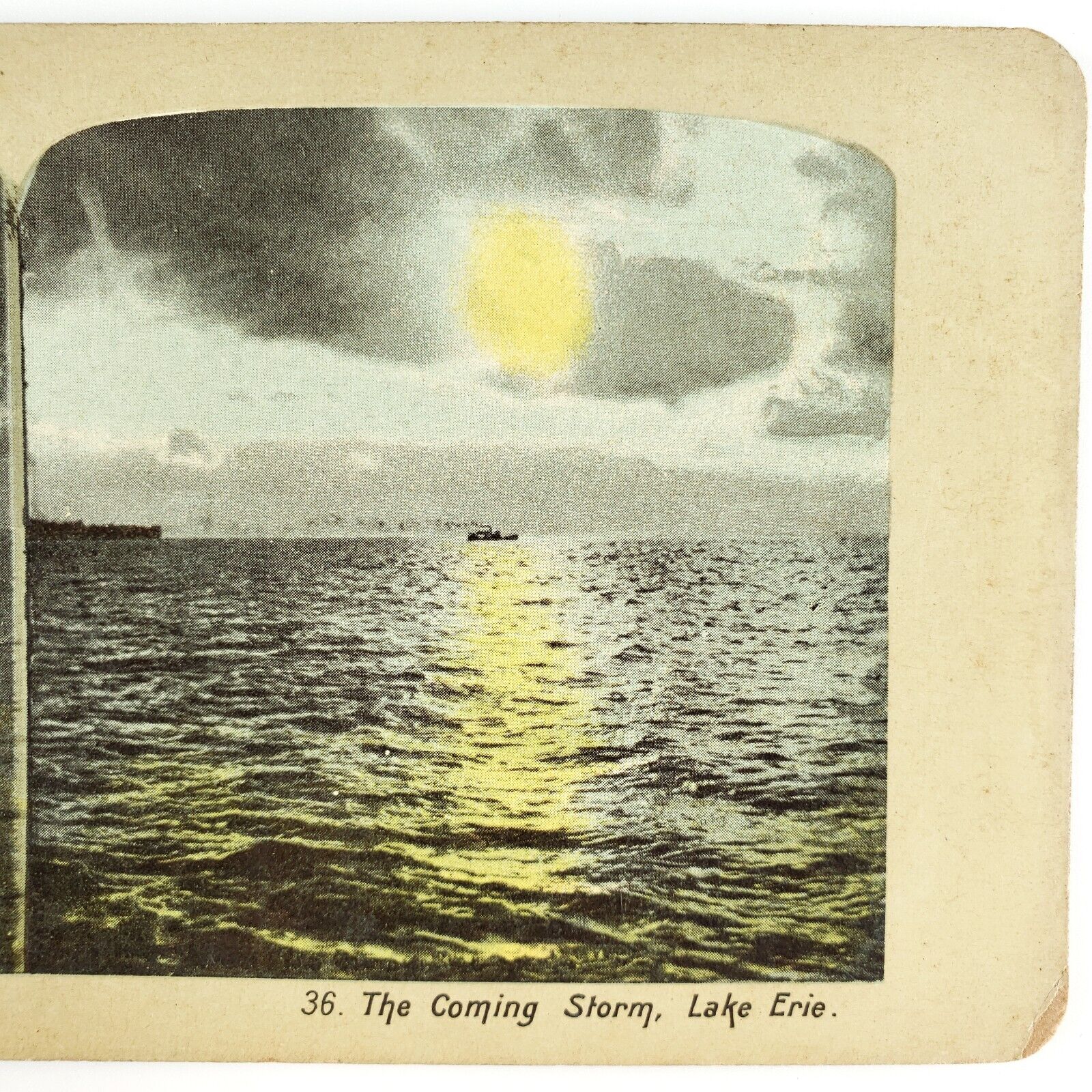 Lake Erie Boat Sunset Stereoview c1910 Approaching Coming Storm Water Ship N75