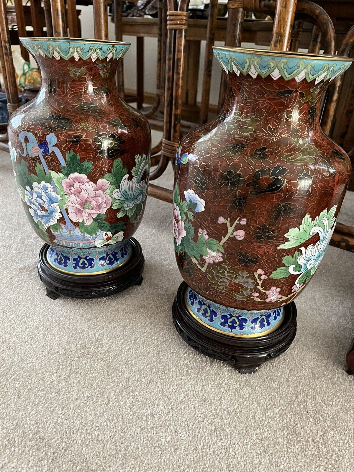Two Matching Asian Cloisennne Vases With Bases