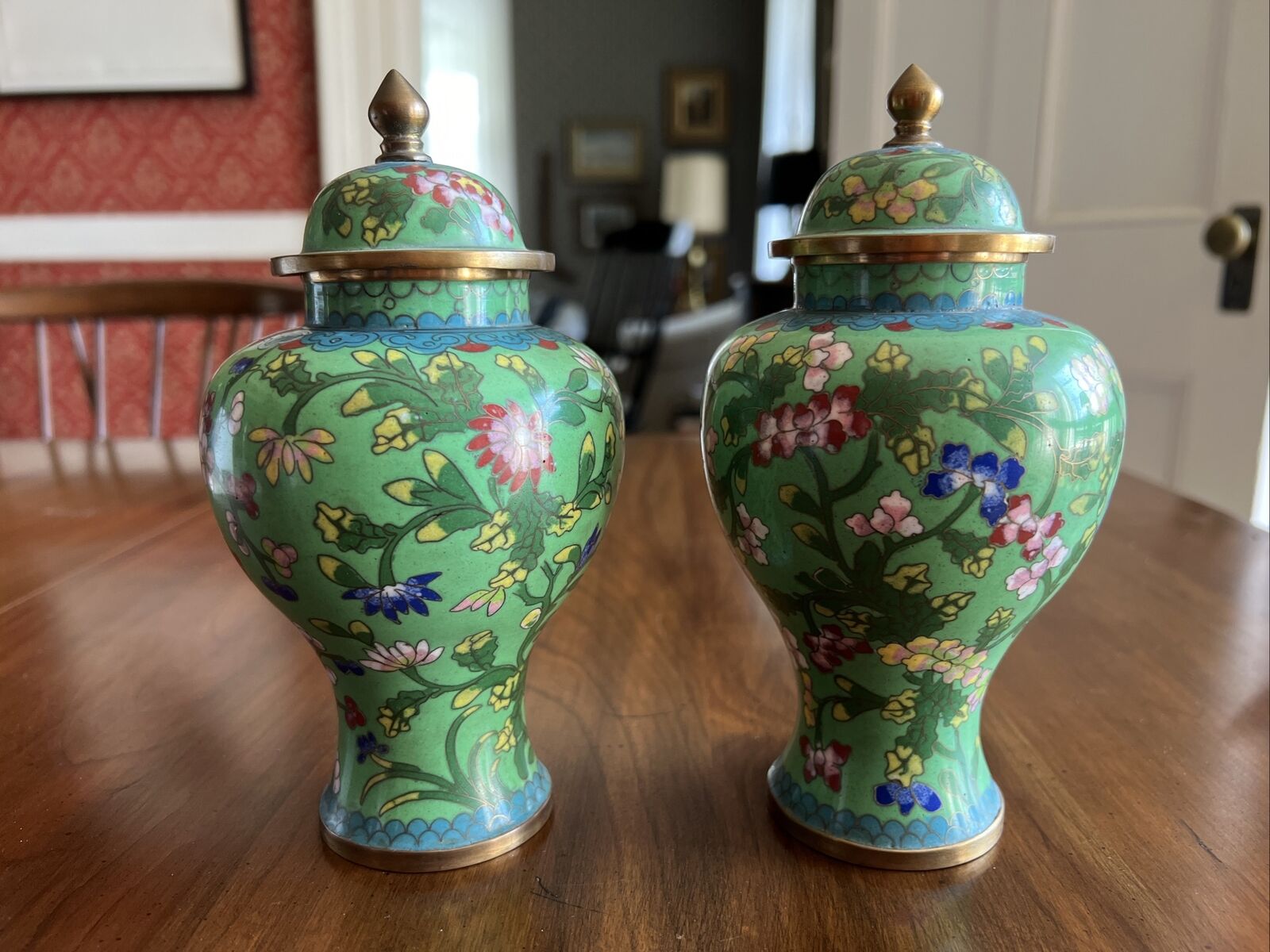 Rare Pair Antique Cloisonne Temple Jars, Made In China, 7” H; Early 20th C.