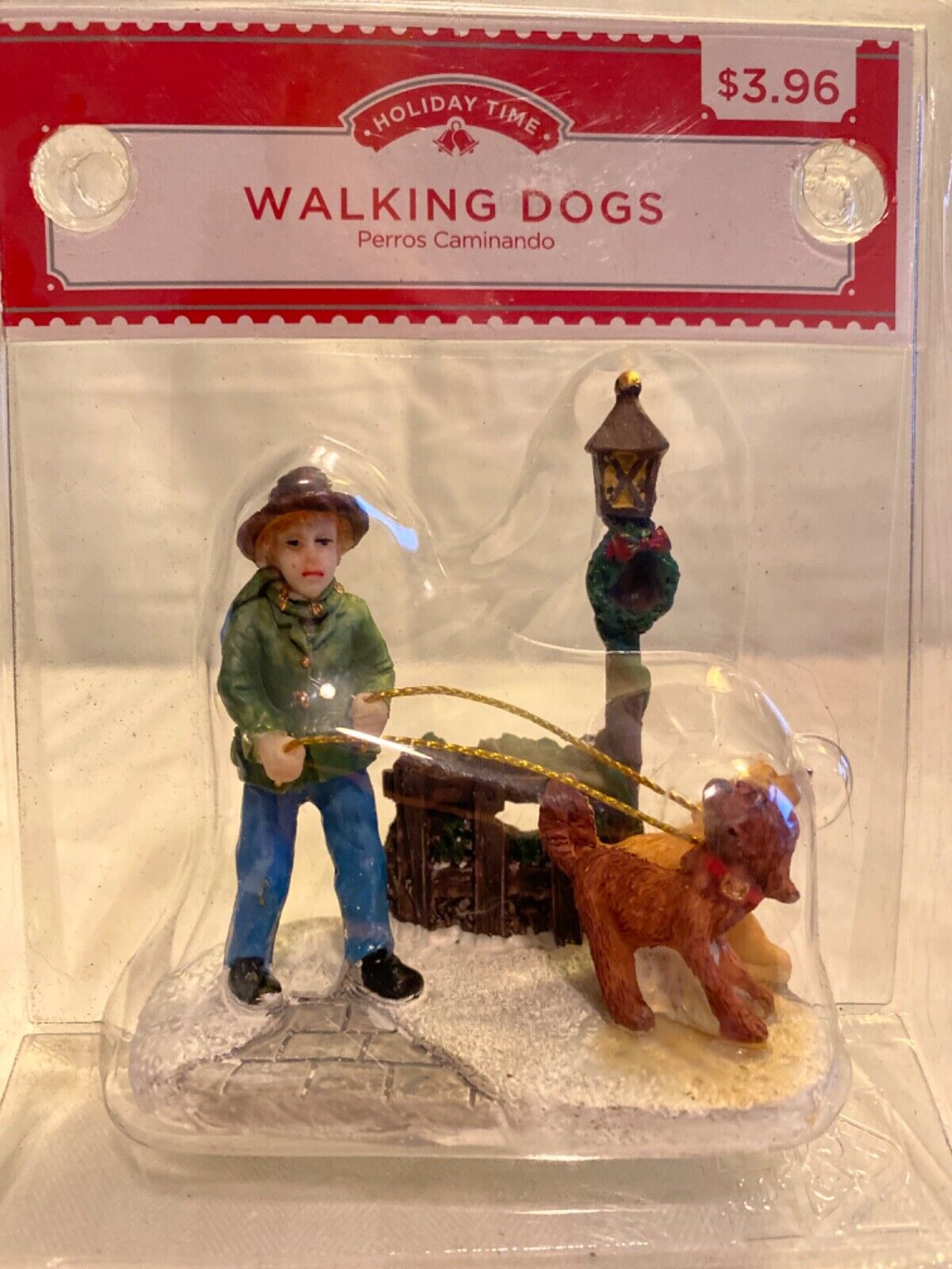 Holiday Time Christmas Village Accessory Man Walking His Dogs New in Package