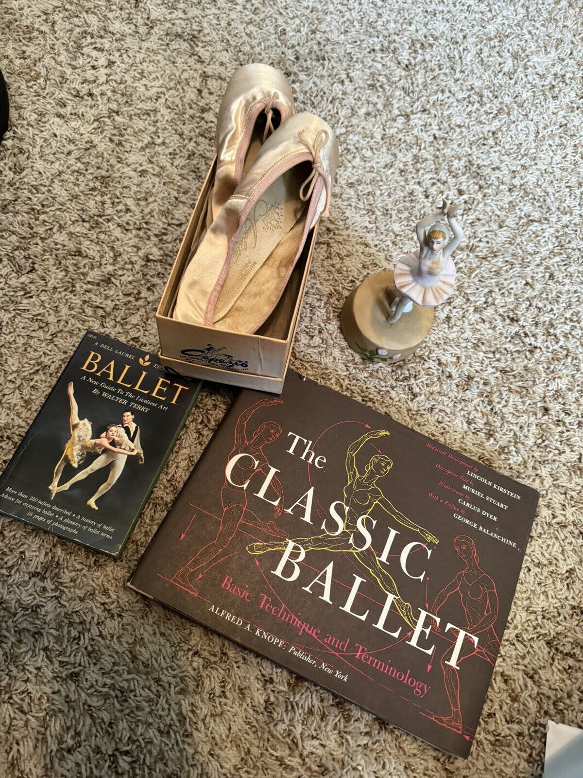 Vintage Capezio ballet slippers, two books, ballet music box, dances