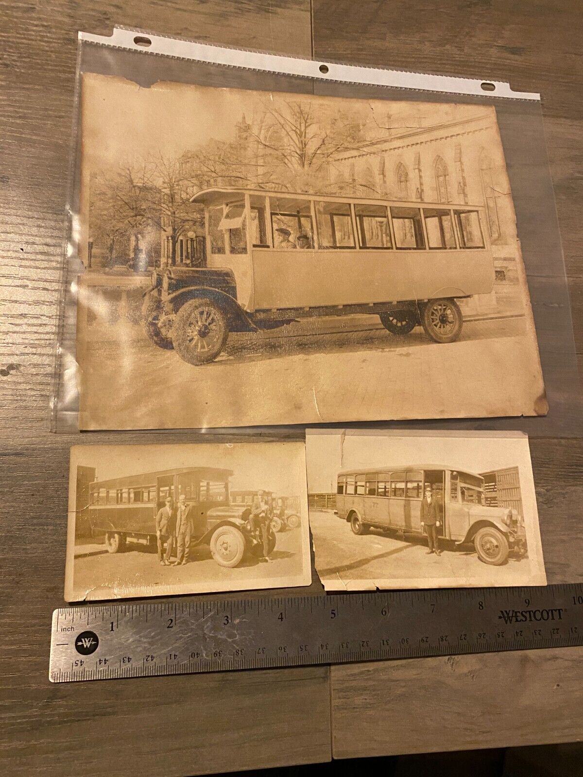 Lot of 3 Vintage Photos chauffeur w/ car and buses