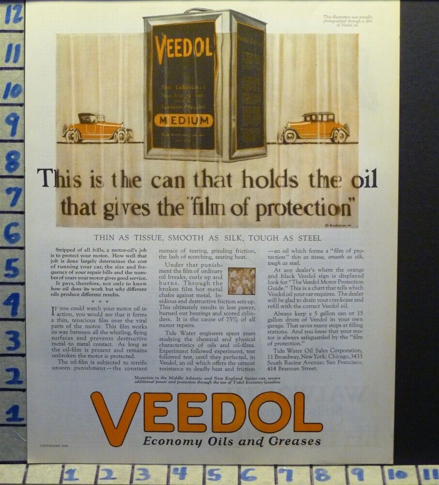 1924 VEEDOL OIL AUTO CAR FORD ANDERSON GREASE GARAGE ART VINTAGE AD M05