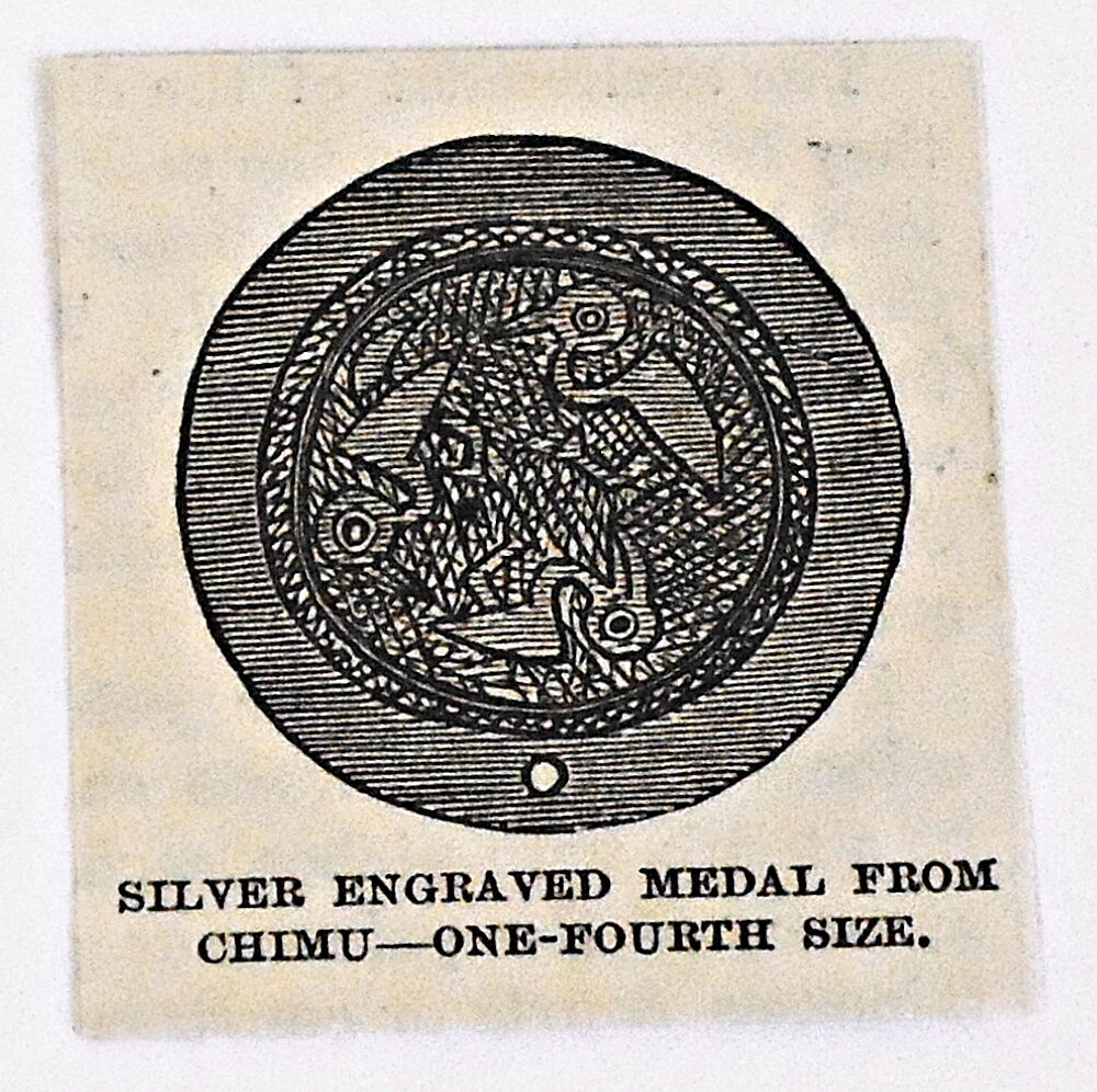 small 1883 magazine engraving ~ SILVER ENGRAVED MEDAL FROM CHIMU, Peru